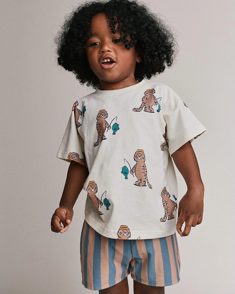 Toddler Dolman Tee Fishing Tiger Print - Cream