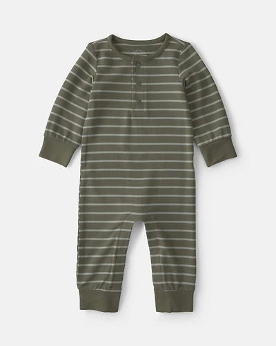 Baby Boy Striped PurelySoft™ Long-Sleeve Jumpsuit - Olive Green