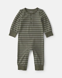 Baby Boy Striped PurelySoft™ Long-Sleeve Jumpsuit - Olive Green