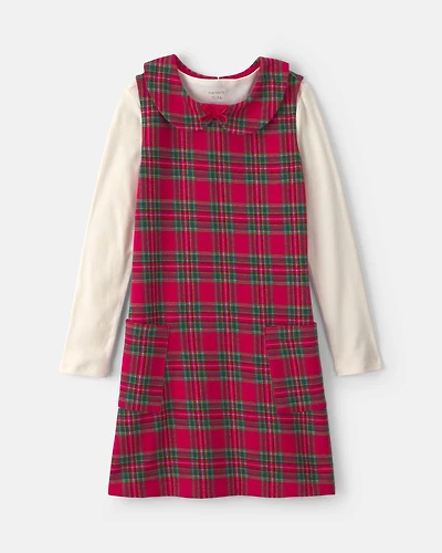 Girls 2-Piece Plaid Cardigan Dress Set - Red/Cream