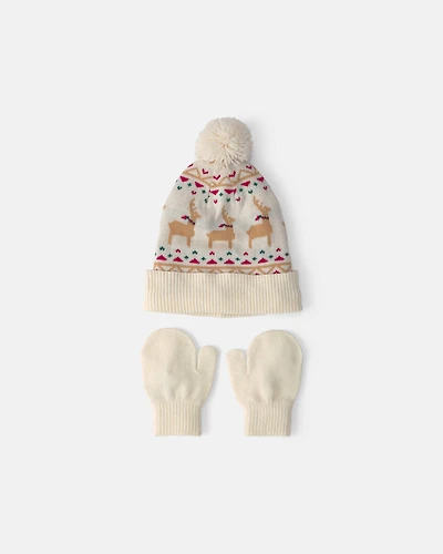 Baby 2-Piece Fair Isle Christmas Beanie & Glove Set - Cream
