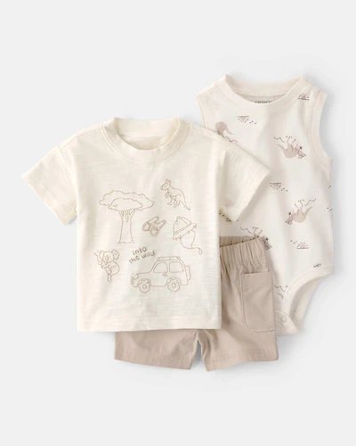 Baby Boy 3-Piece Into The Wild Short-Sleeve Top & Short Set - White/Brown
