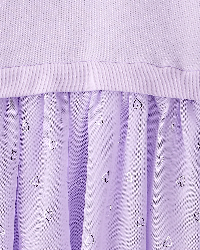 Girls Metallic Heart Long-Sleeve Tulle Dress - Purple