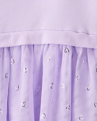 Girls Metallic Heart Long-Sleeve Tulle Dress - Purple