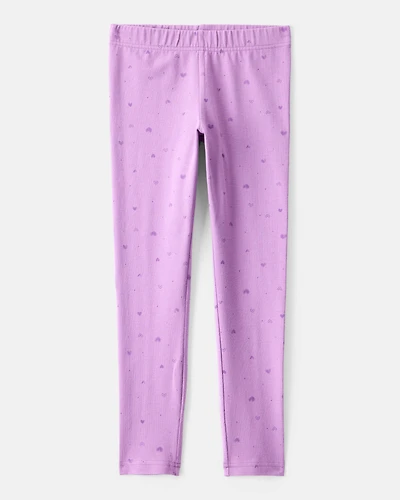 Girls Heart Print Cotton Pull-On Stretch Leggings - Purple