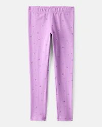 Girls Heart Print Cotton Pull-On Stretch Leggings - Purple