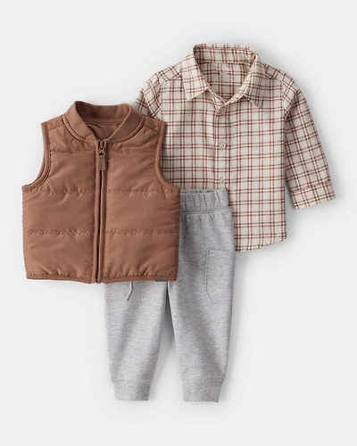 Baby Boy 3-Piece Plaid Vest, Button-Down & Jogger Set
