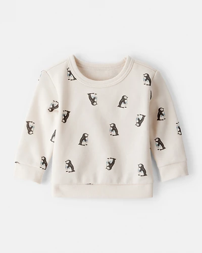 Baby Boy Penguin Print Fleece Sweatshirt - Cream
