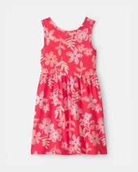 Girls Tropical Floral Sleeveless Knit Dress - Pink/Orange