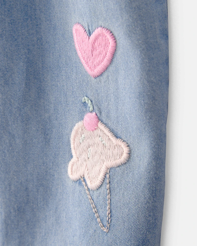 Baby Girl Embroidered Chambray Sleeveless Jumpsuit - Blue