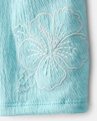 Girls Floral Embroidered Gauze Shorts - Blue