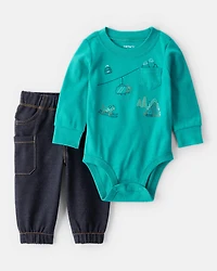 Baby Boy 2-Piece Skiing Print Long-Sleeve Bodysuit & Pant Set - Blue