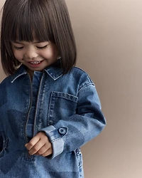 Toddler Girl Zip-Up Denim Shirt Dress with Shapes - Blue