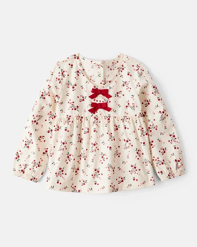 Toddler Girl Floral Print 100% Cotton Long-Sleeve Top - Ivory