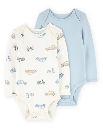 Baby 2-Pack Long-Sleeve PurelySoft Bodysuits - Blue/Ivory