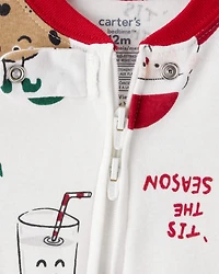 Toddler Beige Santa Milk & Cookies 100% Cotton Long-Sleeve Snug Fit 1-Piece Pyjamas - White