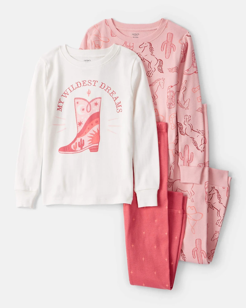 Girls Cowgirl Print 100% Cotton Long-Sleeve Snug Fit 4-Piece Pyjamas - Pink