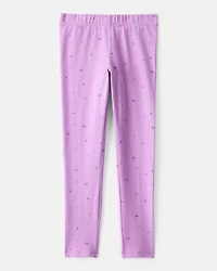 Girls Heart Print Cotton Pull-On Stretch Leggings - Purple
