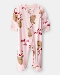 Baby Girl Reindeer 100% Cotton Snug Fit 2-Way Zip Sleeper - Pink