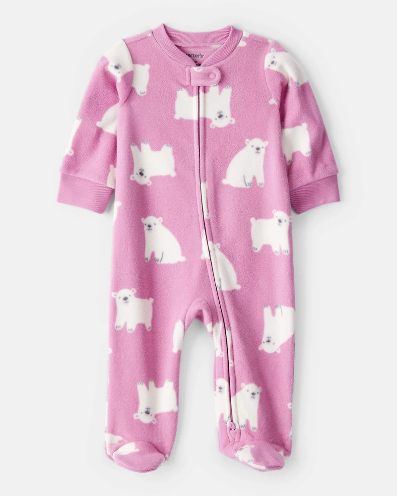 Baby Girl Polar Bear Print Loose Fit Long-Sleeve Sleeper - Pink