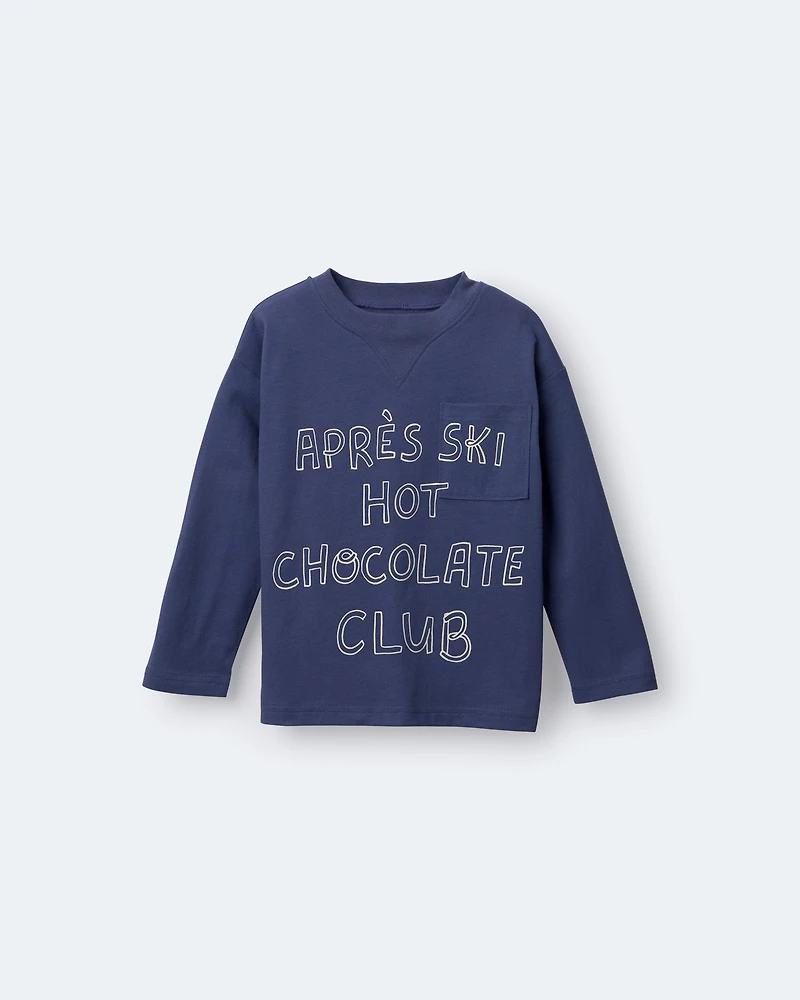Toddler Hot Cocoa Club' Long-Sleeve Pocket Relaxed Graphic Tee - Dark Blue