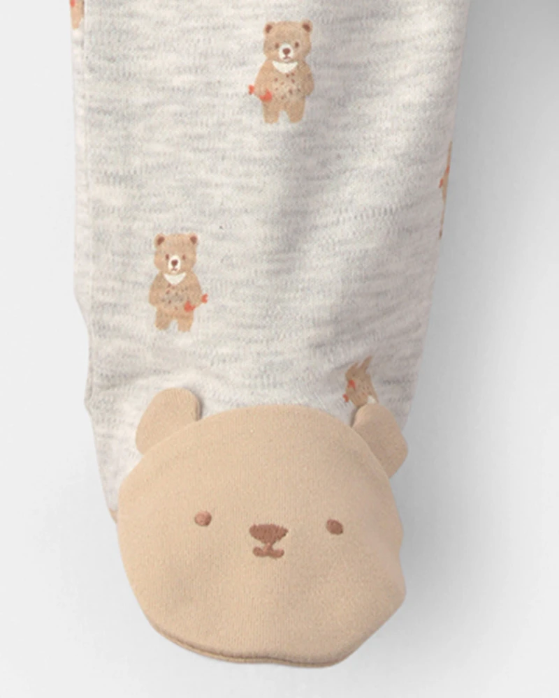 Baby Teddy Bear Cotton 2-Way Zip Sleeper - Grey