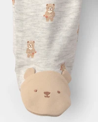 Baby Teddy Bear Cotton 2-Way Zip Sleeper - Grey