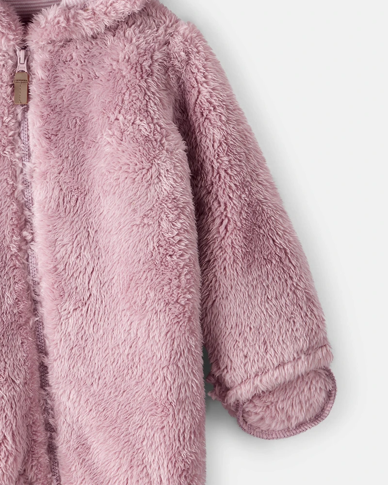 Baby Girl Sherpa Long-Sleeve Hooded Jumpsuit - Pink