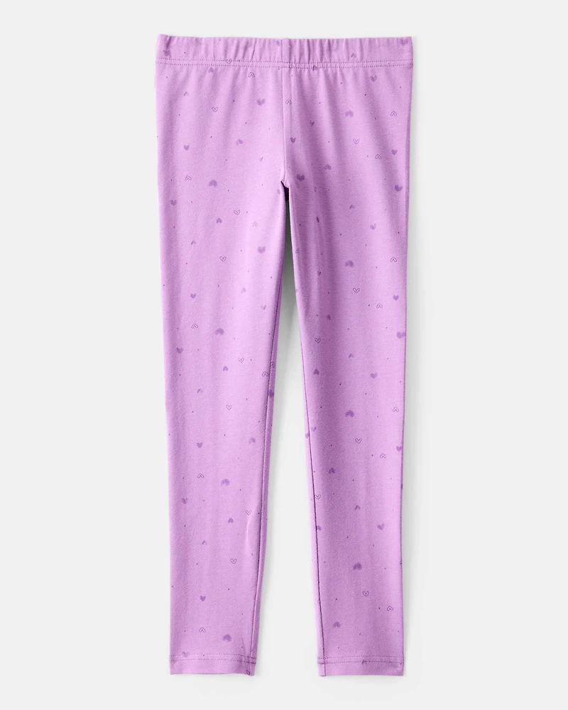 Girls Heart Print Cotton Pull-On Stretch Leggings - Purple