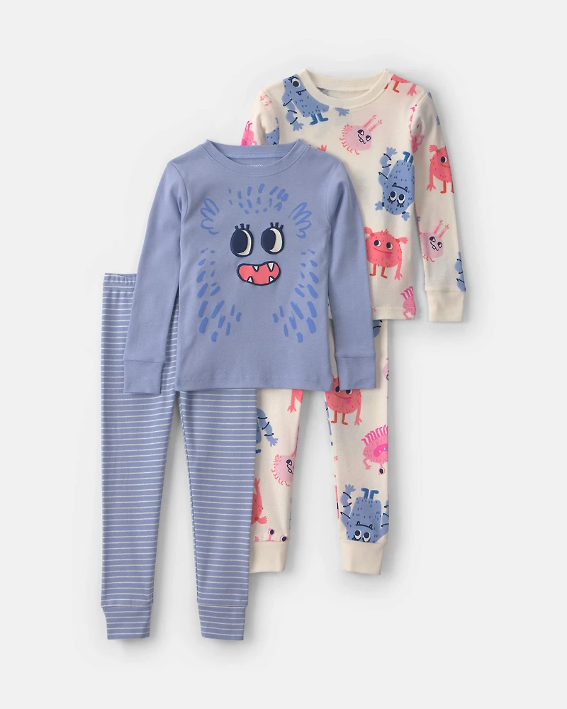 Toddler Girl 4-Piece Monster 100% Cotton Snug Fit Pyjama Set - Blue/Cream
