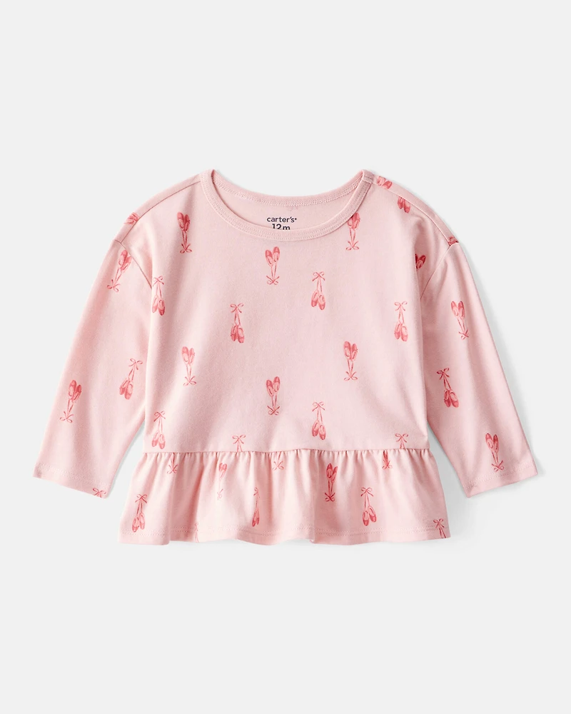 Baby Girl Ballet Slippers Long-Sleeve Peplum Top - Pink