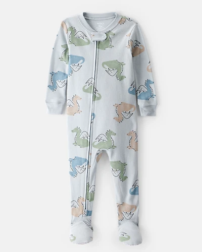 Baby Boy Dragon Print 100% Cotton Long-Sleeve 2-Way Zip 1-Piece Pyjamas - Blue