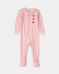 Baby Girl Ladybug Striped 100% Cotton Snug Fit 1-Piece Pyjama Set - Pink