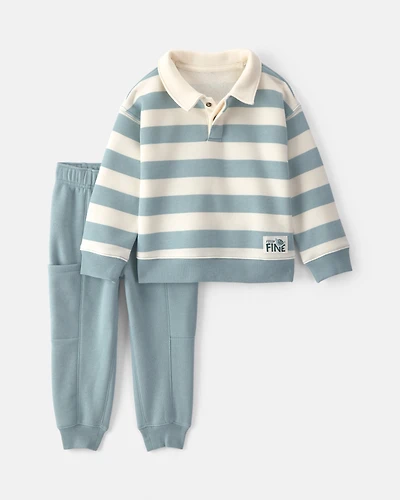 Toddler Boy 2-Piece Striped Fleece Henley Top & Pant Set - Light Blue/White