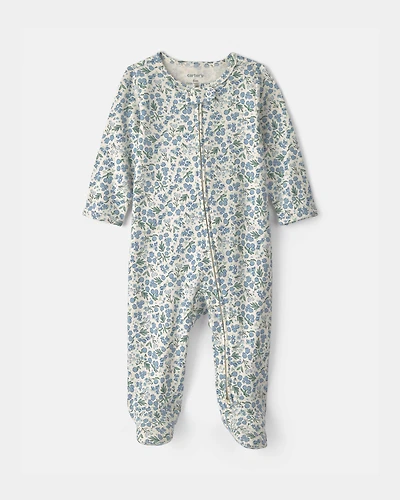 Baby Girl Floral 100% Cotton 2-Way Zip Sleeper - Blue/Ivory