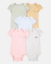 Baby Girl 5-Pack Animal Short-Sleeve Cotton Bodysuits