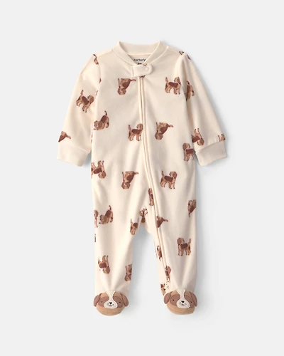 Baby Boy Dog Fleece 2-Way Zip Sleeper Pyjamas - Cream