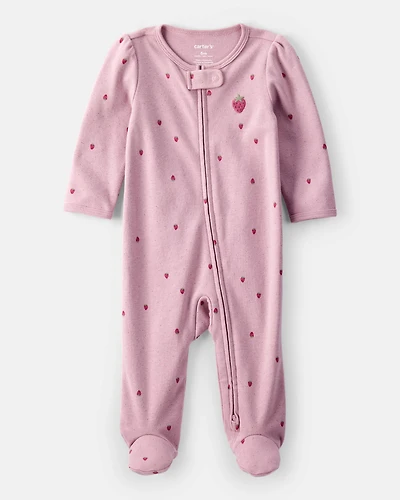Baby Girl Strawberry Print 100% Cotton Sleeper- Pink