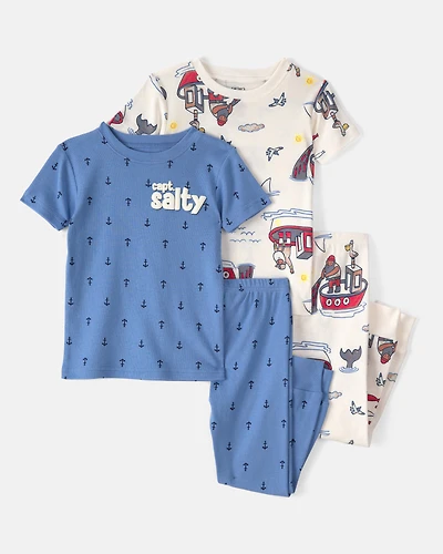 Toddler Boy Anchor 100% Cotton Snug Fit 4-Piece Pajama Set - Blue/Cream