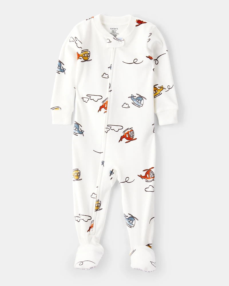 Baby Boy Helicopter Print DreamPlush Snug Fit Long-Sleeve 2-Way Zip 1-Piece Pyjamas - White