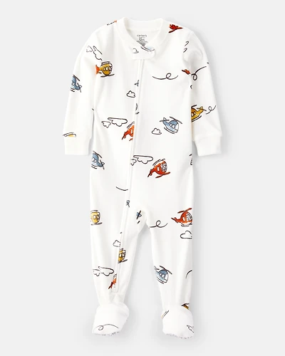 Baby Boy Helicopter Print DreamPlush Snug Fit Long-Sleeve 2-Way Zip 1-Piece Pyjamas - White