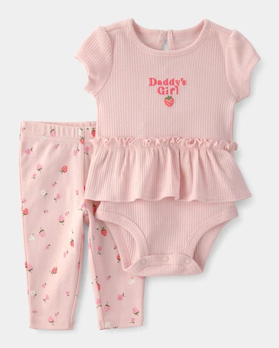 Baby Girl Fruit Print Short Sleeve Bodysuit & Pant Set - Pink