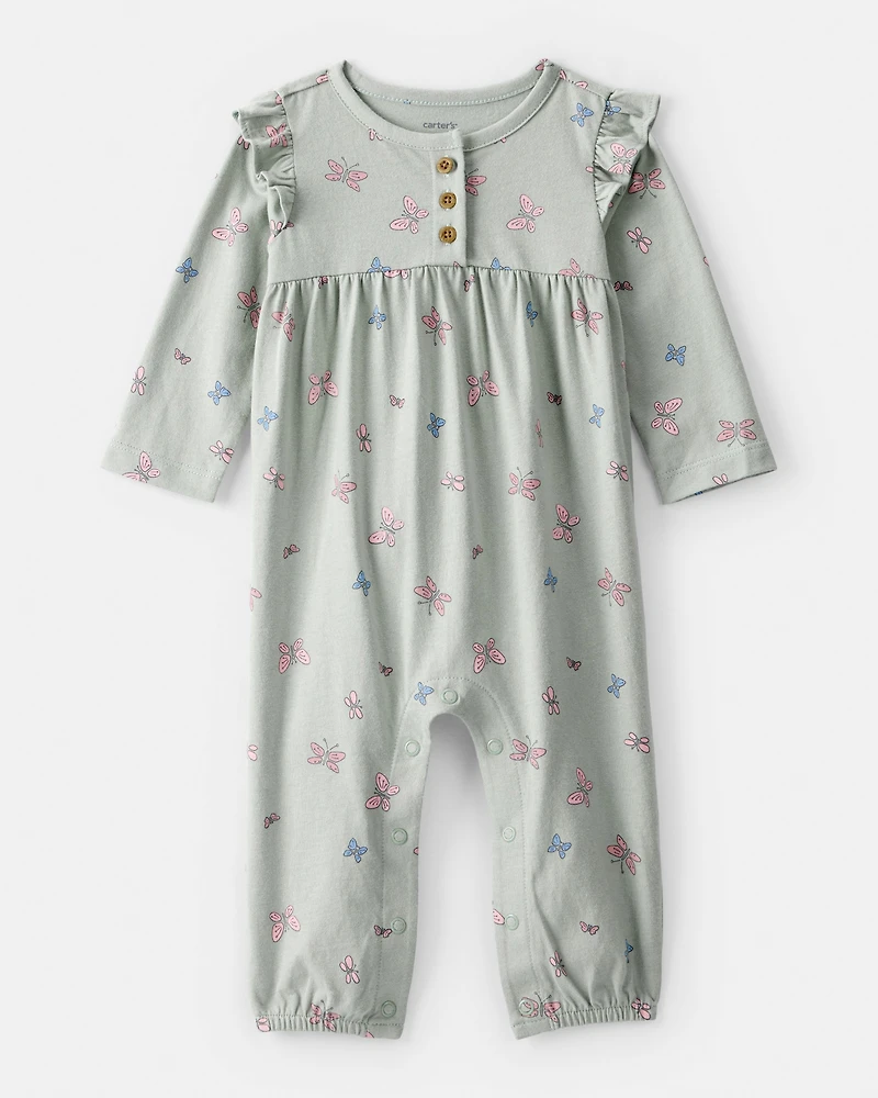 Baby Girl Butterfly Ruffle Cotton Long-Sleeve Jumpsuit - Green