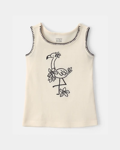 Toddler Girl Flamingo Embroidered Tank Top - Cream