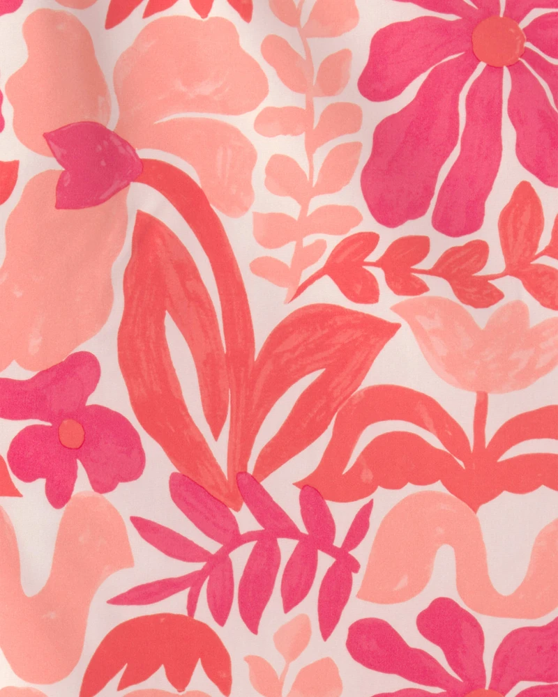 Girls 3-Piece Floral Long-Sleeve Rashguard Swimsuit Set - Pink/Orange