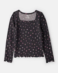 Girls Floral Ribbed Top - Grey