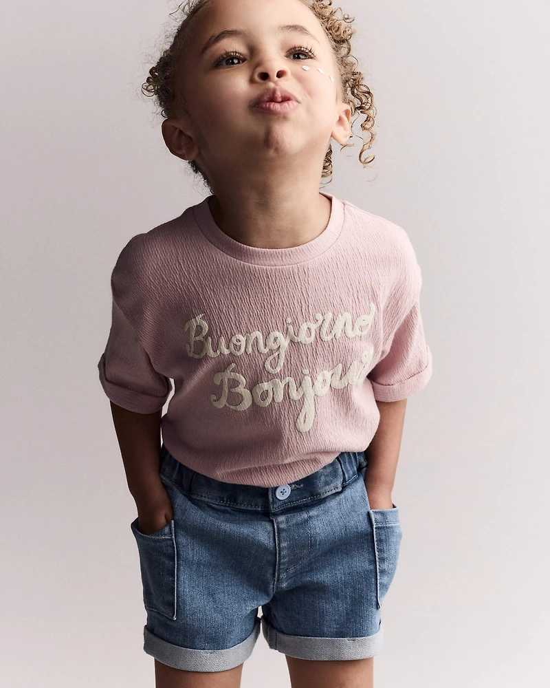 Toddler Girl 'Buongiorno, Bonjour' Rolled Cuff Tee - Light Pink