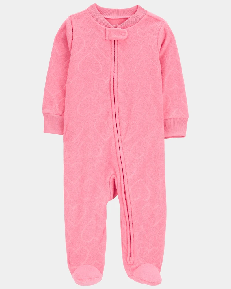 Baby Girl Heart Print Loose Fit Long-Sleeve 2-Way Zip Sleeper - Pink