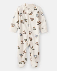 Baby Boy Truck Print Cotton Long-Sleeve Sleeper- White