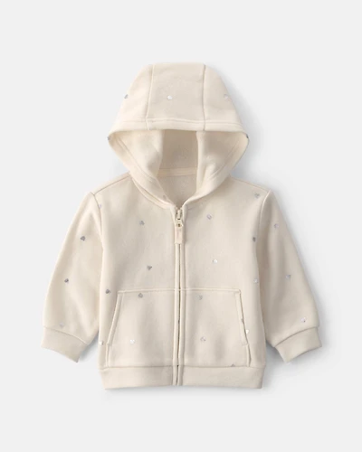 Baby Girl Heart Fleece Zip-Up Hoodie - Cream